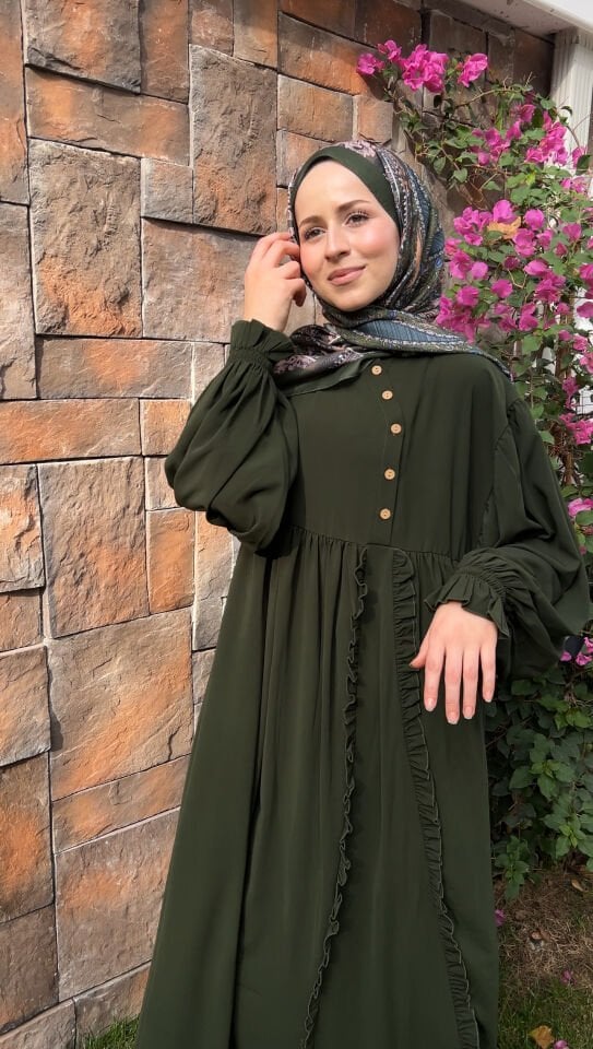 HENA  YARIM DÜĞME ELBİSE KOYU YEŞİL