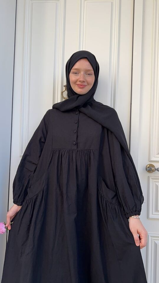 KETEN HANSA ELBİSE SİYAH