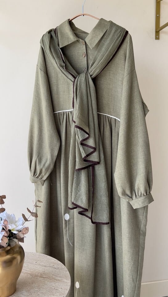 YARIM DÜĞME SARE ELBİSE SOFT YEŞİL MÜSLİN ŞAL