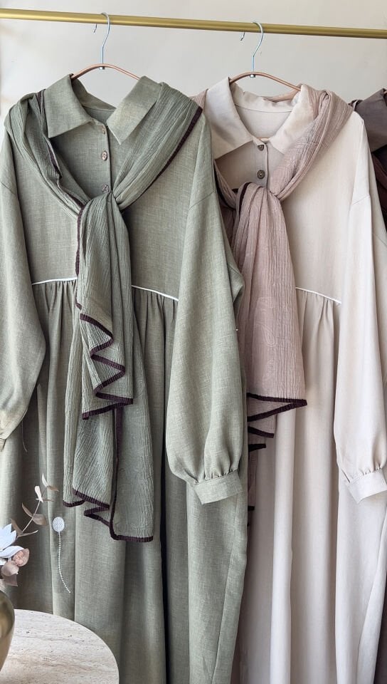 YARIM DÜĞME SARE ELBİSE BEJ MÜSLİN ŞAL