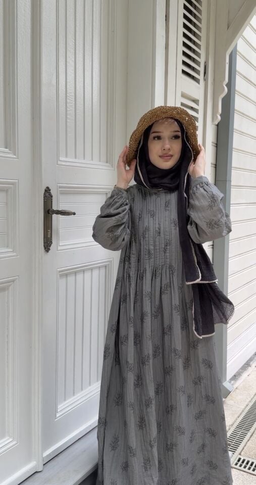 HELEN DESENLİ MÜSLİN ELBİSE ANTRASİT